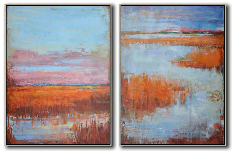 Extra Large Painting,Set Of 2 Abstract Landscape Painting On Canvas, Free Shipping Worldwide,Wall Art Ideas For Living Room Blue,Pink,Orange,Red
